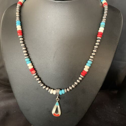 Navajo Pearls Wild Horse Turquoise Necklace Inlay Pendant | Sterling Silver | Authentic Native American Handmade | 13885