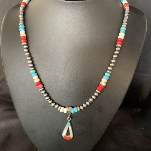Navajo Pearls Wild Horse Turquoise Necklace Inlay Pendant | Sterling Silver | Authentic Native American Handmade | 13885