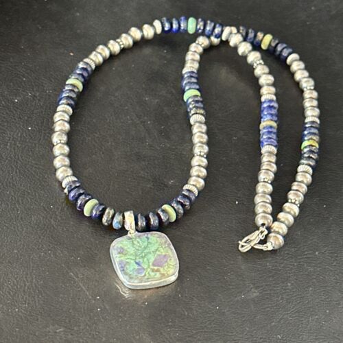 Navajo Green Turquoise Lapis Necklace with Opal Pendant | Sterling Silver | Authentic Native American Handmade | 14368