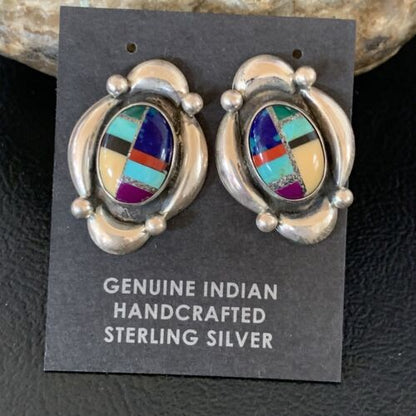 Native American Women's Sterling Silver Blue Turquoise Multi-Color Earrings | Handmade | 13015