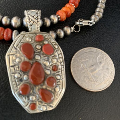 Navajo Red Coral & Spiny Oyster Necklace | Sterling Silver Bead | Authentic Native American Handmade | 13735
