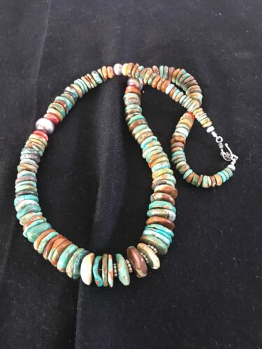 Authentic Native American Navajo Necklace | Green Turquoise & Spiny Oyster | Sterling Silver | 22" Pendant by Platero | 1255