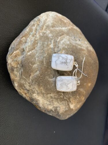 Navajo Sterling Silver White Howlite Black Dangle Rectangle Earrings | 0.75" | 12072