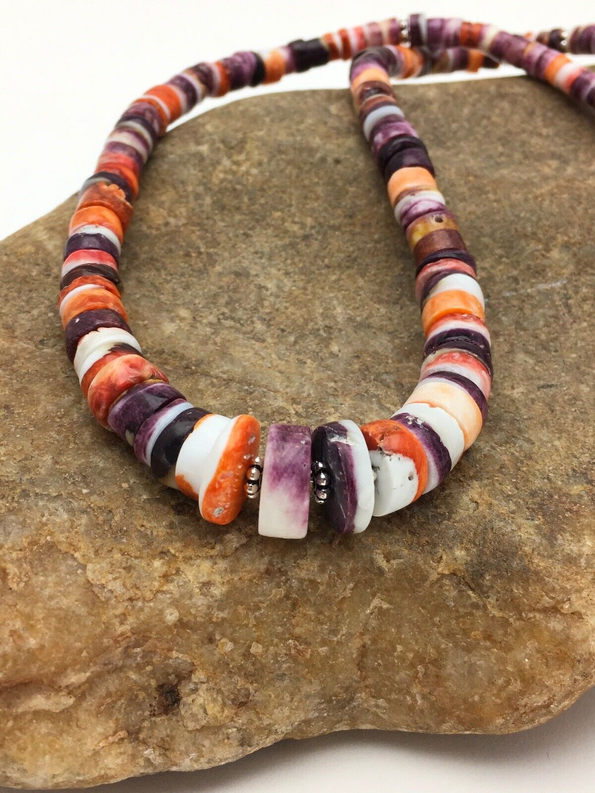 Orange Purple Spiny Oyster Sterling Silver Navajo Necklace Set | Graduated | Authentic Native American Handmade | 20" | 2777