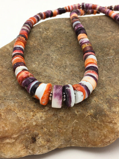 Orange Purple Spiny Oyster Sterling Silver Navajo Necklace Set | Graduated | Authentic Native American Handmade | 20" | 2777