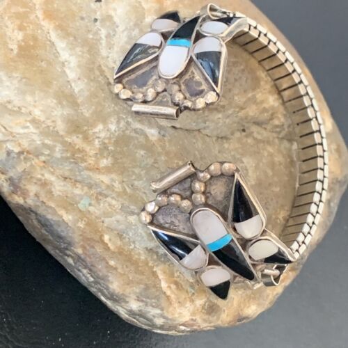 Navajo Sterling Silver Watch Tips | Old Pawn Turquoise Onyx Mother of Pearl Inlay | Authentic Native American Jewelry | 11929