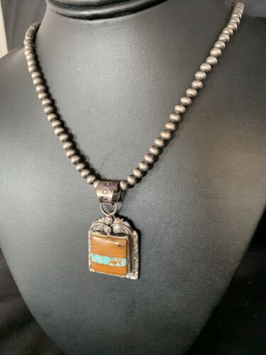 Men's Blue Boulder Turquoise Necklace Pendant | Sterling Silver | Navajo Handmade | 13767