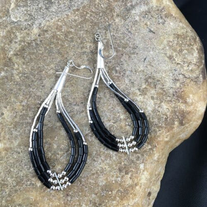 Handmade Liquid Sterling Silver Heishi Dangle Earrings | Black Onyx Tube | 2.25" | 2017