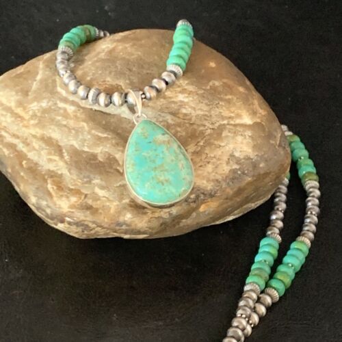 Navajo Pearl Green Royston Turquoise Pendant Necklace | Sterling Silver | 21" | Authentic Native American Handmade | 13911