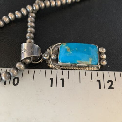 Men's Blue Kingman Turquoise Necklace Pendant | Sterling Silver Navajo Pearls | 13762