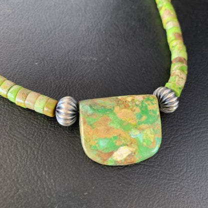 Navajo Green Gaspeite Turquoise Pendant | Sterling Silver | Authentic Native American Handmade | 13945