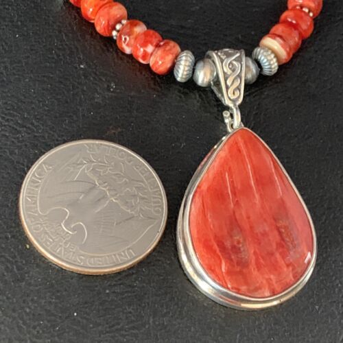 Navajo Red Spiny Oyster Necklace | Sterling Silver Pendant | Authentic Native American Handmade | Men's | 13815