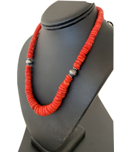 Native Red Coral Navajo Graduated Sterling Silver Bead 18" Necklace 1950