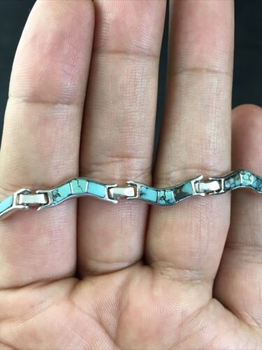Native American Women's Sterling Silver Turquoise Inlay Link Bracelet | 6.75" | 2031