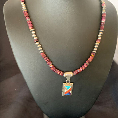 Navajo Multi-Color Inlay Pendant | Sterling Silver Purple Spiny Oyster Necklace 21" | 12359