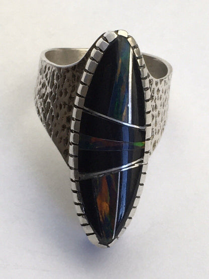 Navajo Multi-Color Opal & Turquoise Inlay Ring | Sterling Silver | Sz 8 | Authentic Native American Handmade | 01613
