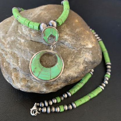 Navajo Green Gaspeite Turquoise Inlay Pendant | Sterling Silver | Authentic Native American Handmade | 12285