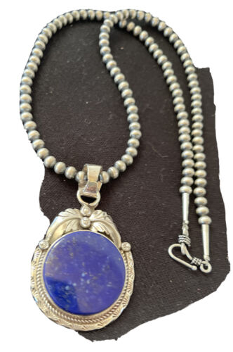 Native American Men's Necklace | Sterling Silver Navajo Pearls with Blue Lapis Pendant | 1525