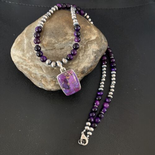 Navajo Pearl Purple Mojave Turquoise Onyx Pendant Necklace | Sterling Silver | Native American Handmade | 13401