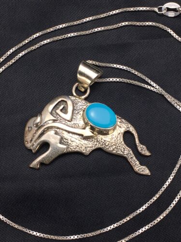 Navajo Buffalo Turquoise Pendant 1.25" | Sterling Silver | Native American Handmade | 20" | 3024