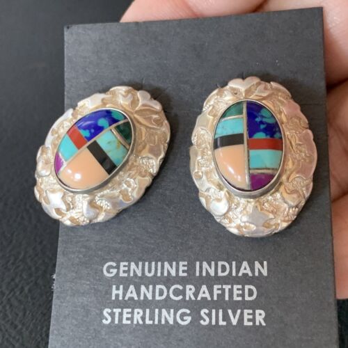 Women's Multi-Color Blue Turquoise Nugget Earrings | Sterling Silver | Authentic Native American Handmade | 13014