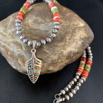 Navajo Red Spiny Oyster & Green Turquoise Pendant Necklace | Sterling Silver | Authentic Native American Handmade | 13619