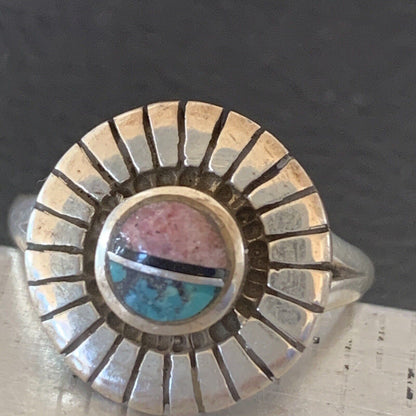 Navajo Blue Turquoise Pink Coral Inlay Ring | Sz 7 | Authentic Native American Handmade | 11169