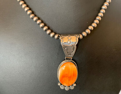 Navajo Orange Spiny Oyster Pendant Necklace | Sterling Silver | Authentic Native American Handmade | 13085