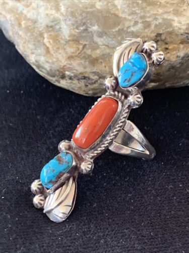 Navajo Kingman Turquoise & Coral Ring | Authentic Native American Sterling Silver | Multi-Stone | Sz 9 | 1294