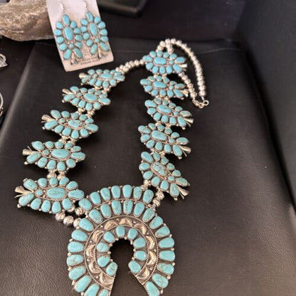 Navajo Blue Turquoise Squash Blossom Necklace & Earrings | Sterling Silver | Authentic Native American Handmade | 14483