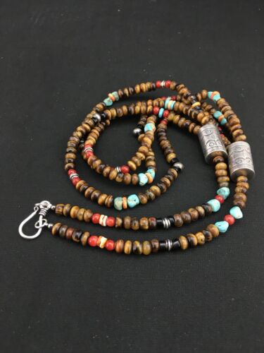 Navajo Multi-Color 3 Strand Necklace | Tiger's Eye & Turquoise | Sterling Silver | 4896