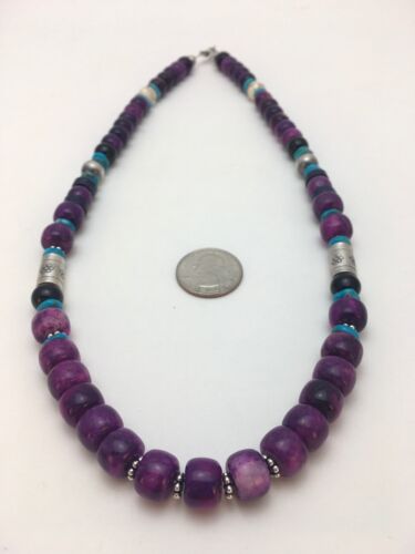 Navajo Purple Sugilite Turquoise Bead Necklace | Sterling Silver | Authentic Native American Handmade | 22" | 8913