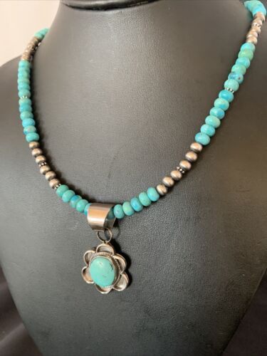 Navajo Blue Turquoise Pendant Necklace | Sterling Silver Pearls | Authentic Native American Handmade | 13220