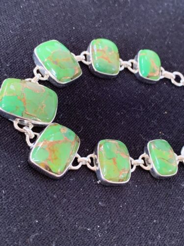 Navajo Green Mojave Turquoise Link Bracelet | Sterling Silver | 8.5" | Authentic Native American Handmade | 662