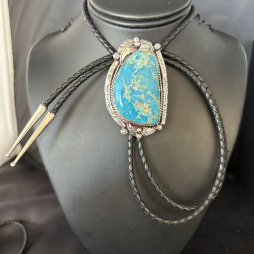Navajo Blue Kingman Turquoise Bolo Tie | Sterling Silver | Authentic Native American Handmade | 14253