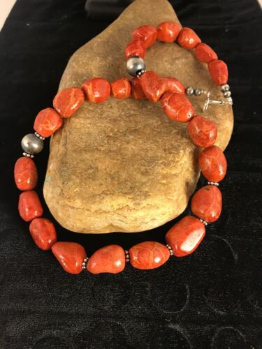 Navajo Apple Coral Sponge Bead Necklace | Sterling Silver | Authentic Native American Handmade | 22" | 8526