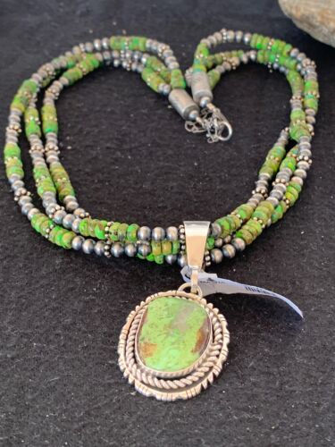 Navajo Pearls Gaspeite Turquoise Pendant Necklace Set | Sterling Silver | 3-Strand | 2987