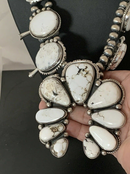 Navajo White Buffalo Turquoise Naja Pendant | Sterling Silver Squash Blossom Necklace | 21" | 00629 - Masha USA