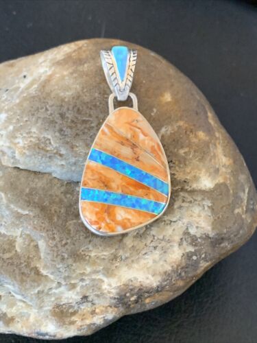 Men's Navajo Orange Spiny Oyster Blue Opal Inlay Pendant | Sterling Silver | Native American Handmade | 12487
