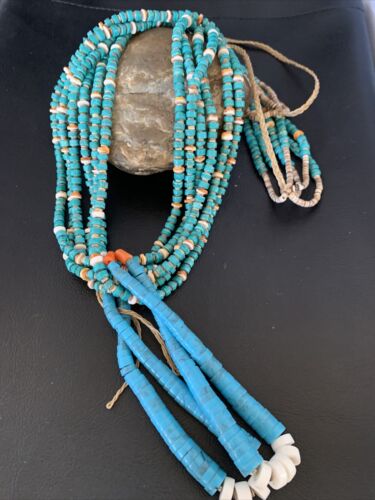 Native American Santo Domingo Spiny Blue Turquoise Shell Jacla Necklace | 36" | 13193