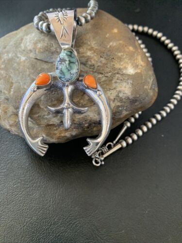 Navajo Pearl Necklace with Green Turquoise & Spiny Oyster Naja Pendant | Sterling Silver | Authentic Native American Handmade | 11701