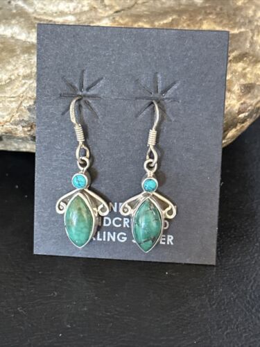 Navajo Blue Turquoise Dangle Earrings | Sterling Silver | 1" | Authentic Native American Handmade | 14773