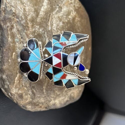 Zuni Peyote Bird Ring | Sterling Silver Turquoise Onyx Mother of Pearl Inlay | Sz 7.5 | 14448