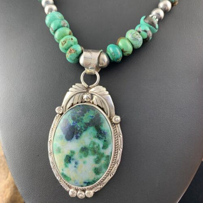Men's Navajo Turquoise Necklace with Moss Agate Pendant | Sterling Silver | Authentic Native American Handmade | 1626
