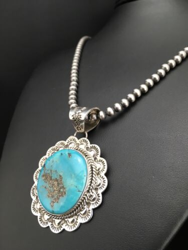 Men's Kingman Turquoise Pendant | Navajo Pearl Sterling Silver Necklace | Authentic Native American Handmade | 4876