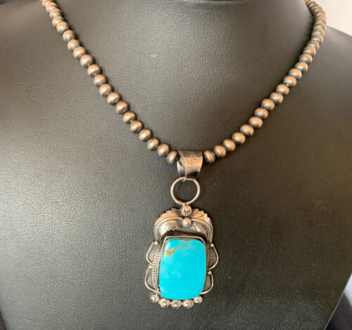 Men's Navajo Pearls Sterling Silver Necklace | Blue Kingman Turquoise Pendant | 12967