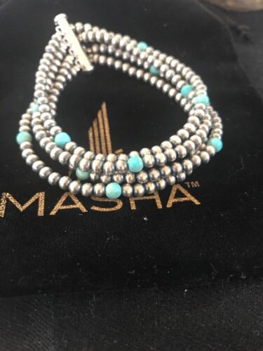 Navajo Pearls  Blue Turquoise Bracelet | 4-Strand | Sterling Silver | Authentic Native American - Masha USA