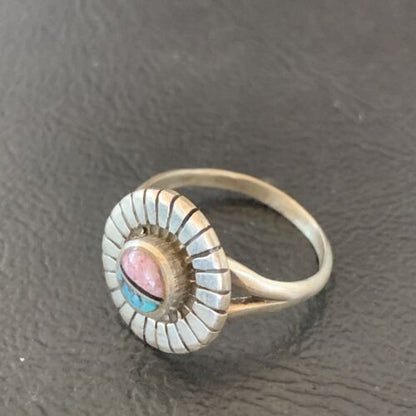 Southwestern Women's Navajo Blue Turquoise Pink Coral Inlay Ring | Sz 7 | 11168