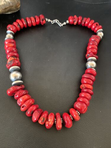 Navajo Red Coral Bead Necklace | Sterling Silver | 20" | Authentic Native American Handmade | 13375