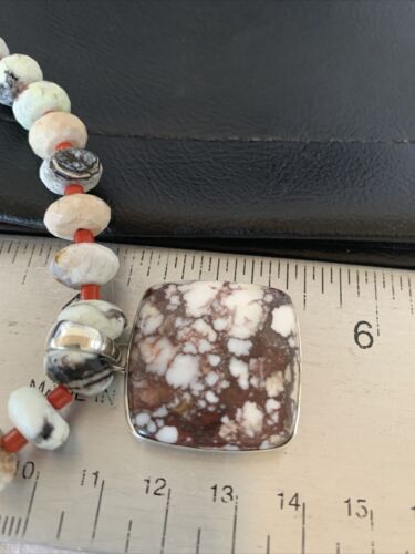 Navajo Coral Wild Horse Turquoise Pendant Necklace | Sterling Silver | Authentic Native American Handmade | 10267